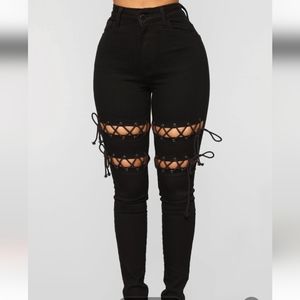 Fashion Nova Black Cut Out and Tie Jeans - See Ya On The Flip Side Jeans